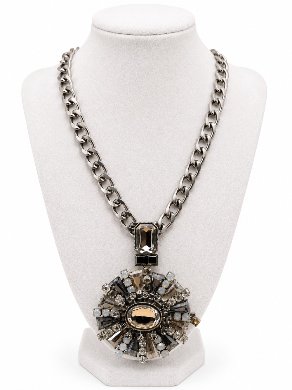 Statement Silver Chain Necklace with Smoky Crystal Pendant